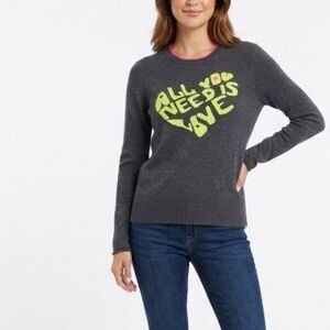 Lisa Todd Gray Lime "All You Need Is Love" Graphic Crewneck LS Sweater Size M